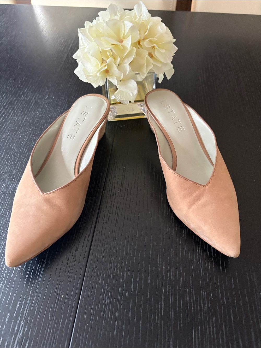 1. State Tan Suede Pointed-Toe Backless Mules